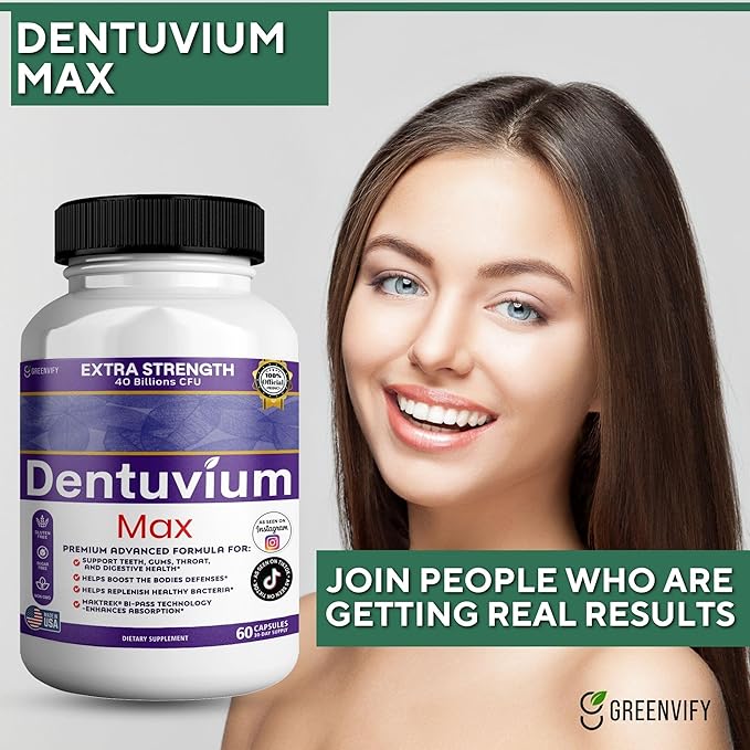 Dentuvium Max Probiotic Supplement - 40 Billion CFU - Supports Teeth Gums Throat Digestive Health - Gluten Free Sugar Free Non-GMO - 60 Capsules (1)