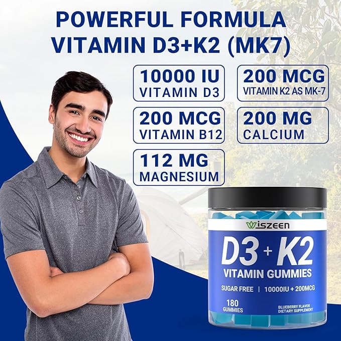 Sugar-Free Vitamin D3 K2 Gummies Vitamin D3 10000iu &amp Vitamin K2(MK7) 200mcg with Calcium Magnesium Vitamin B12 for Bone Muscle Teeth Immune Vegan