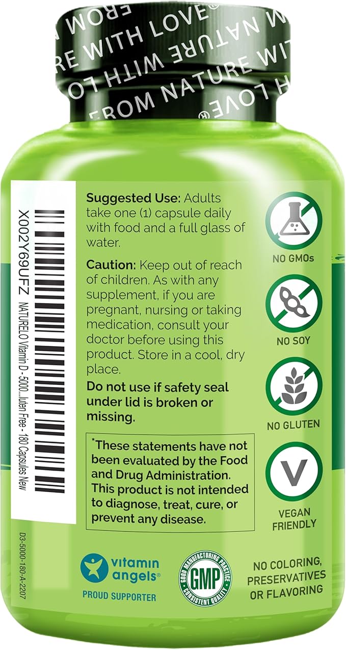NATURELO Vitamin D - 5000 IU - Plant Based from Lichen - Natural D3 Supplement for Immune System Bone Support Joint Health - High Potency - Vegan - Non-GMO - Gluten Free - 180 Capsules (Pack of 2)