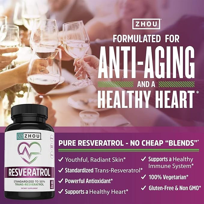 ZHOU Resveratrol - Resveratrol 1000mg Nutritional Supplement for Women &amp Men Pure Ultra Strength Heart Health and Antioxidant Support Formula - 60 Veggie Capsules