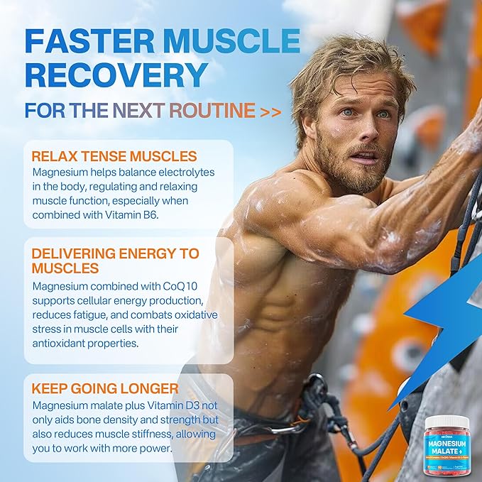 Magnesium Malate Energy Gummies Plus L-Theanine CoQ10 Methyl B12 Methylfolate B6 &amp D3-400mg Magnesium Gummy Sugar Free for Women Men Supports Muscle Function Calm &amp Relax Vegan 60 Cts