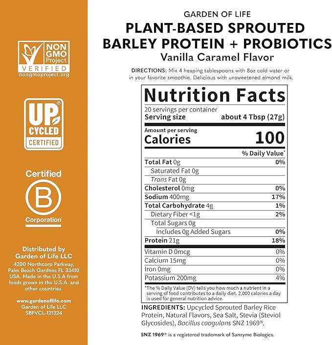 Garden of Life Plant-Based Sprouted Barley Protein Vanilla Caramel with 21g Protein 0g Sugar &amp Clean Ingredients Upcycled Barley Probiotics Non-GMO use in Shakes Smoothies &amp Baking 20