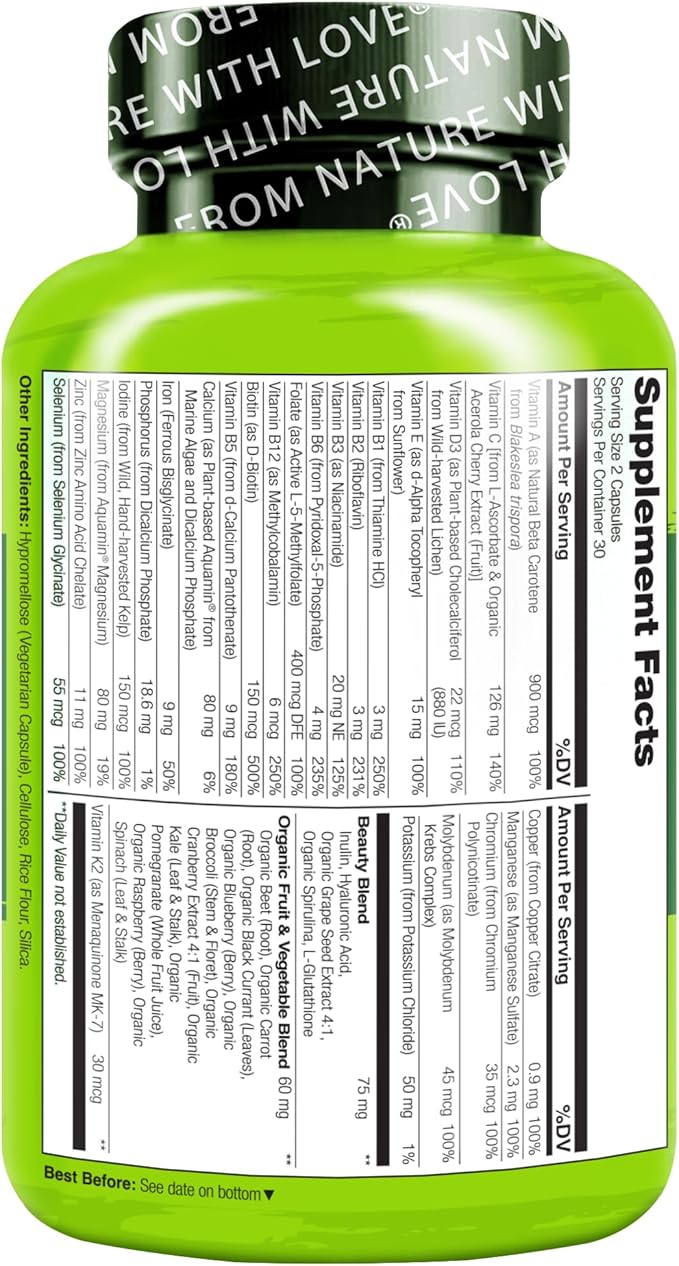 NATURELO Whole Food Multivitamin with Extra Hair Skin &amp Nails Support - Beauty Blend with Hyaluronic Acid &amp Grape Seed - High Potency Biotin Vitamin C &amp Glutathione 60 Vegan Capsules (