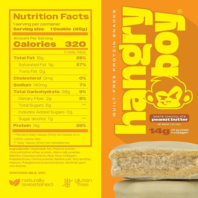 Hangryboy Protein Cookie Sandwich – 14g High Protein Gluten‑Free GMO‑Free Cookies - Perfect on The Go Protein Snack White Chocolate Peanut Butter 12‑Count Box