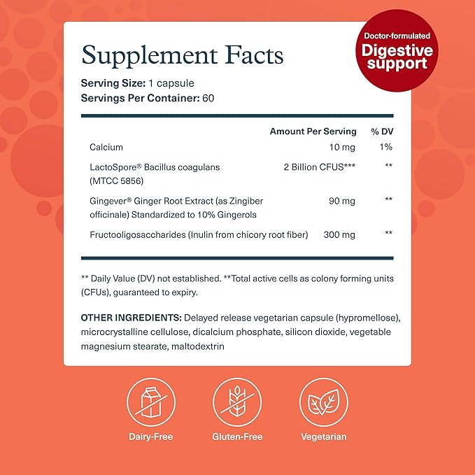 Youtheory 2X Action Probiotic - GLP-1 Support for Gut &amp Digestive Health* - Clinically Studied Probiotic - Prebiotic Fiber &amp Fast-Acting Ginger Extract - Gluten &amp Soy Free - 60 Vegetarian
