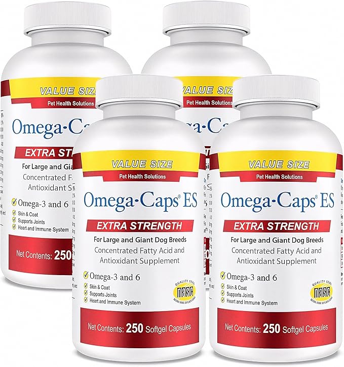 Omega-Caps Extra Strength for Large Breeds-Vet Formulated for Healthy Radiant Skin &amp Coat While Reducing Shedding. Contains Omega 3 for Immune System Support Easy to Dose 1000 Soft Gel Capsules