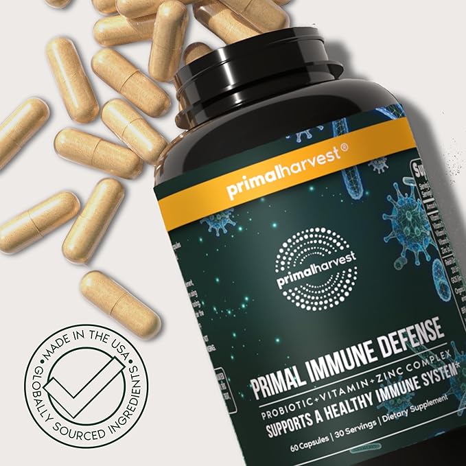Primal Harvest Primal Immune Defense: 10-in-1 Immune Support with Probiotics Zinc Vitamins C B6 D3 &amp K2 Immune Booster for Adults 60 Capsules (2-Pack)