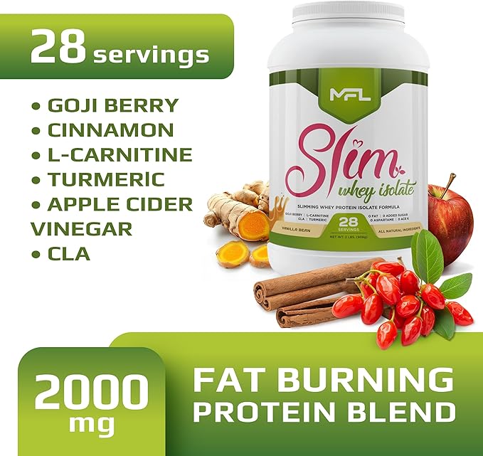 MFL Slim WHEY Protein Powder | 28g Protein | Low Carbs | Slimming Nutritional Shake | Sweetened with Stevia | 2 lbs. (Vanilla)