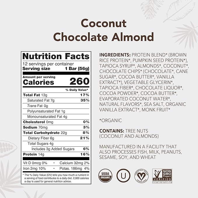 ALOHA Organic Plant Based Protein Bars - Chocolate Coconut Almond Vegan Low Sugar Gluten-Free Low Carb Non-GMO No Stevia No Erythritol - 12 Count (Pack of 1)
