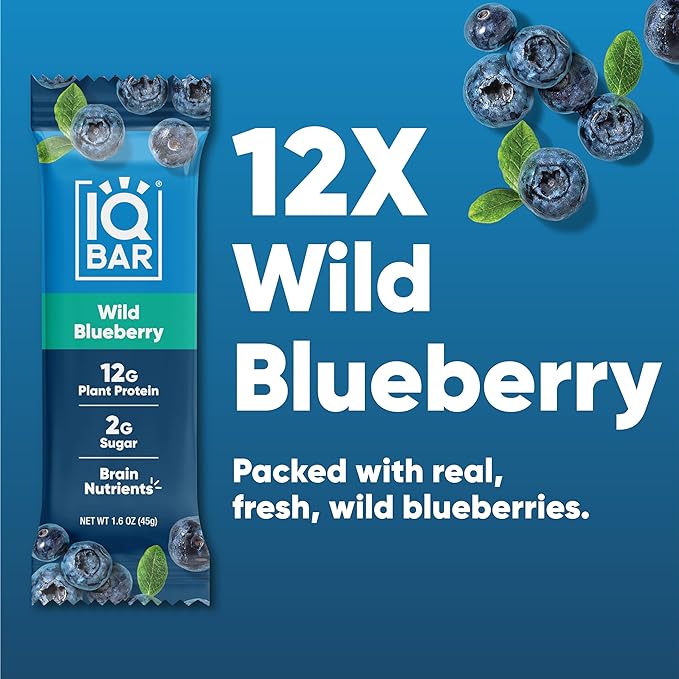 IQBAR Clean Plant Protein Bars - Wild Blueberry - 12 Count - Keto Vegan High Fiber Gluten and Dairy Free Low Sugar Snack - Brain and Body Nutrients for Focus Energy Meal Replacement
