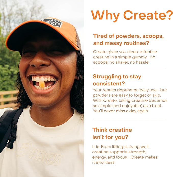 Create Creatine Monohydrate Gummies for Men &amp Women Boost Focus Strength and Endurance Anti-Melting Formula Vegan Gluten-Free Non-GMO 1.5g of Creatine per Gummy (Orange)