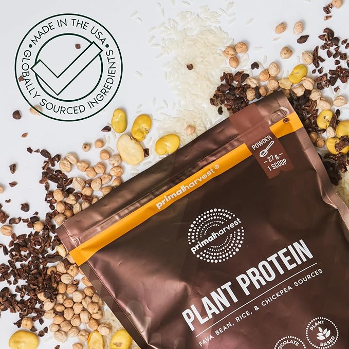 Primal Harvest Vegan Protein Powder for Nutritional Weight Support 20g Plant-Based Protein Per Serving from Fava Beans Chickpeas &amp Rice Chocolate Flavor 405g Gluten-Free Soy-Free No Added Sugar