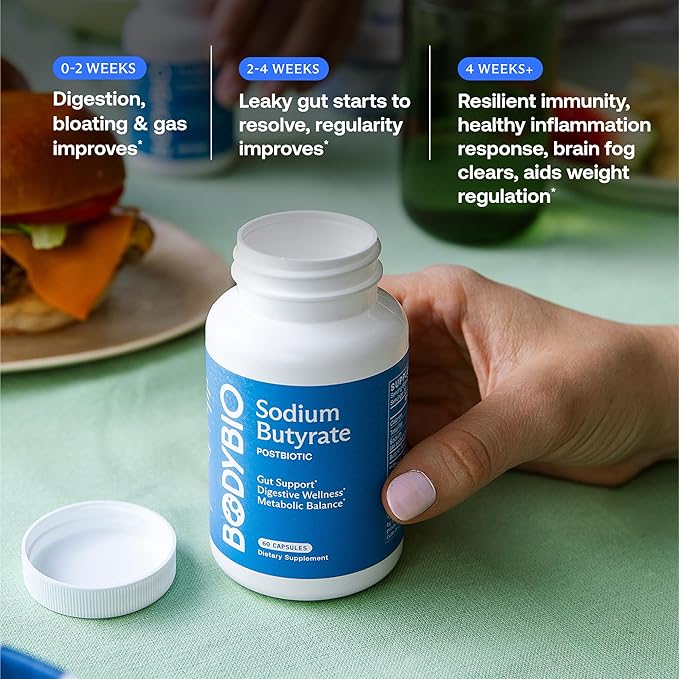 Gut Health Supplement 60 Caps - Butyrate + Sodium | The Ultimate Postbiotic | No Bloating | No Gas | Great Poops | Supports Healthy Digestion | Leaky Gut Repair | No Additives by BodyBio