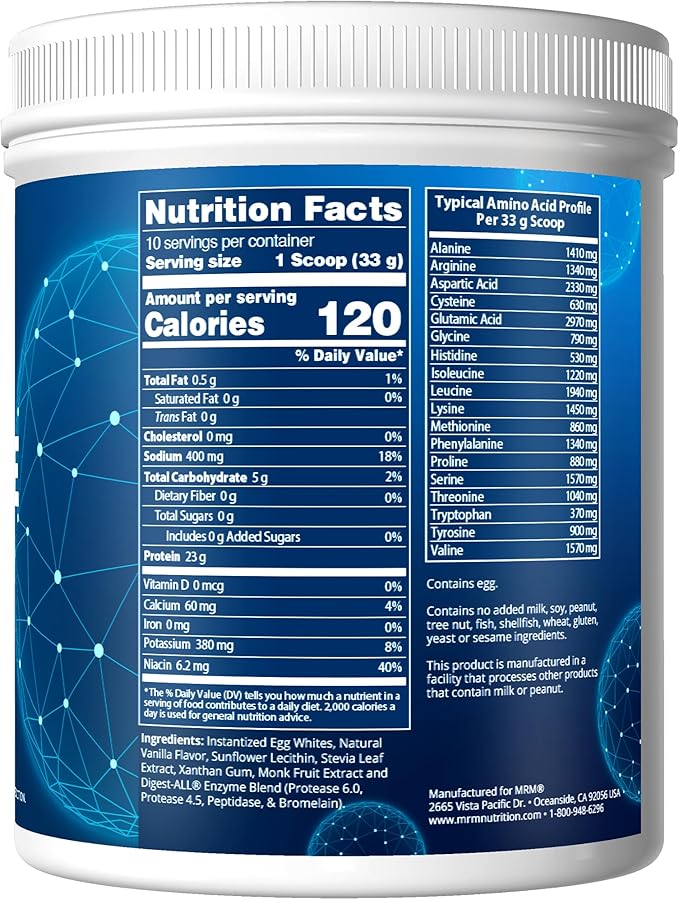 MRM Nutrition Egg White Protein - Sugar Free Vanilla Flavored Powder 23g Fat-Free Protein with Digestive Enzymes Free of Dairy Gluten and Soy High Biological Value - 10 Servings