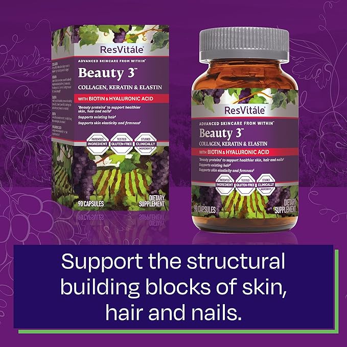 ResVitale Beauty 3 - Skin Care Supplement with Collagen Keratin &amp Elastin - 90 Capsules &amp Resveratrol 250 mg - Resveratrol Supplement for Men and Women - 120 Veggie Capsules