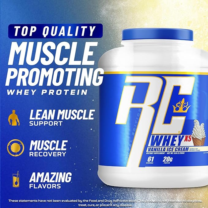 Ronnie Coleman Whey XS Whey Protein Powder Vanilla Ice Cream 61 Servings – 20g Whey Isolate Protein Powder with BCAAs EAAs &amp Glutamine – Low Sugar Supplement for Muscle Growth &amp Recovery