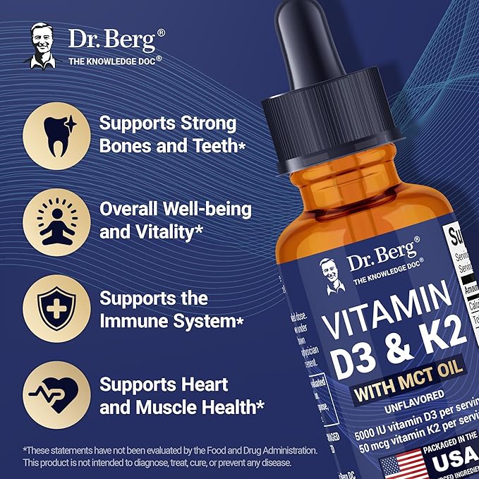 Dr. Berg Maximum Strength Vitamin D3 K2 Liquid Drops with MCT Oil – 5000 IU Liquid Vitamin D3 with K2 – Supports Strong Bones Heart Energy Immunity and Overall Vitality* - Unflavored 1 Fl Oz