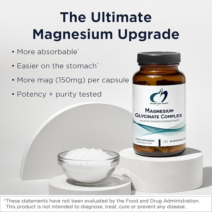 Designs for Health Magnesium Glycinate Complex - Chelated Magnesium Bisglycinate + High Absorption Magnesium for Calming &amp Sleep Heart Health Immune Support &amp Bone Strength - Vegan (120 Caps