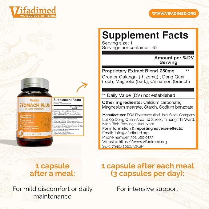Stomach Plus Stomach Lining Support Gastritis Relief Stomachache Support Gastric Upset ReliefMotility Support with Galangal Dong Quai Cinnamon &amp Magnolia - 45 Capsules