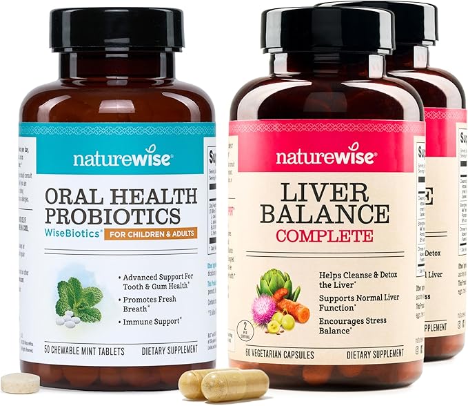 NatureWise [1] Oral Probiotics - Chewable Sugar-Free Mint Tablet - 50 Count[50-Day Supply] + (Pack of 2) Liver Balance - Milk Thistle Dandelion Turmeric - 60 Capsules[30-Day Supply]