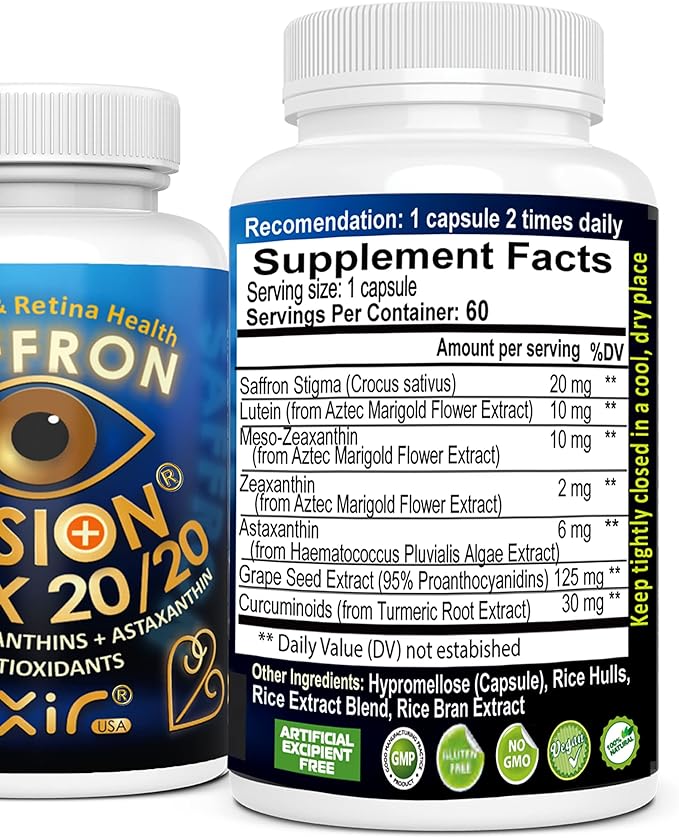 EXIR Eye Supplement | Lutein Saffron Astaxanthin| Supports Eye Health Visual Comfort &amp Focus | 60 Capsules