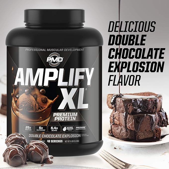 PMD Sports Amplify XL Premium Whey Protein Supplement Hydro Greens Blend - Glutamine and Whey Protein Matrix with Superfood for Muscle Strength and Recovery - Double Chocolate Explosion (48 Servings)