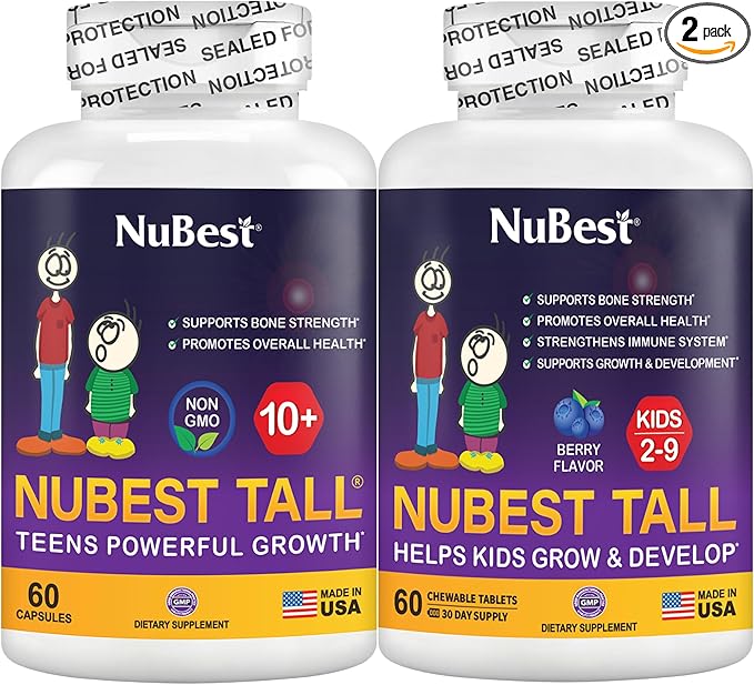 NuBest Bundle Tall 10+ 60 Capsules Tall Kids 60 Chewable Tablets | Height Growth Support for Kids &amp Teens | Calcium Vitamins D3 K2 Collagen &amp Herbs