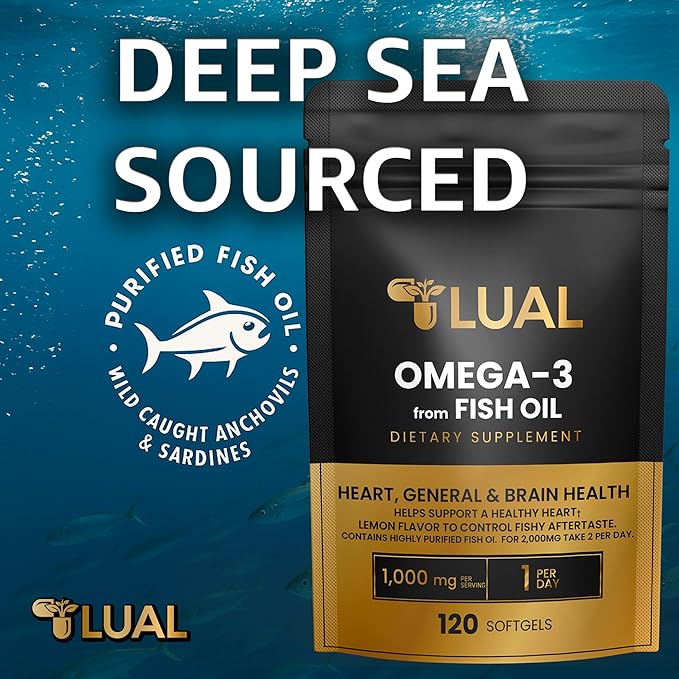 LUAL Omega-3 Fish Oil Softgels – 1000mg with EPA and DHA Lemon Flavor Burpless Non-GMO Formula for Heart Brain and Overall Wellness – 120 Count