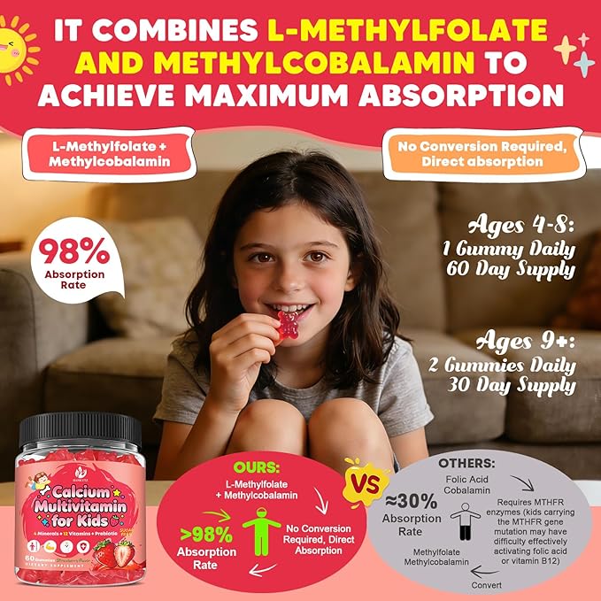 Sugar Free Calcium Multivitamin Gummies for Kids with Methyl B12 &amp Methylfolate Calcium Vitamins C D A B1 B2 B6 Biotin Magnesium Zinc with Nutritional Immune Bone Support 60 Ct