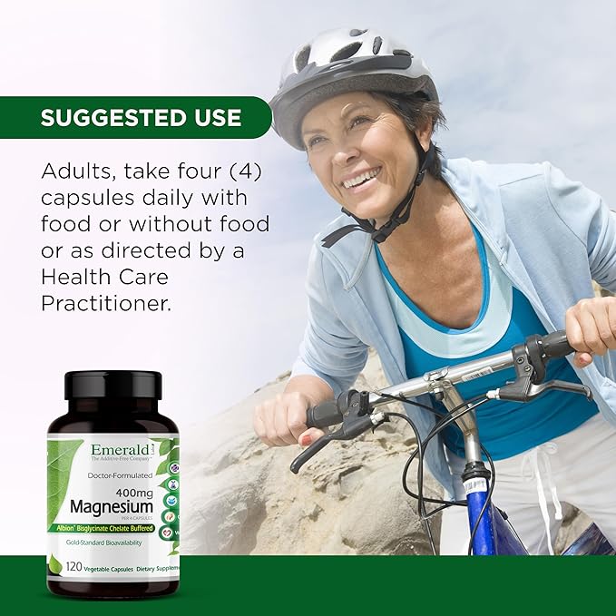 Emerald Labs Magnesium 400mg - Bone &amp Sleep Support with Albion Magnesium* - Vegan Friendly - 120 Vegetable Capsules (30-Day Supply)