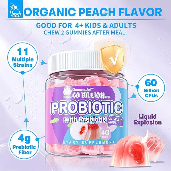 Probiotic Gummies for Women Men 60 Billion CFU Probiotics + Prebiotics Gummy Sugar Free 11 Strains for Digestive Health Supports Constipation Diarrhea Gas &amp Bloating - Peach Flavor Vegan 12