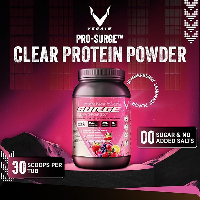 PRO-SURGE Clear Protein Powder Summerberry Lemonade Flavor 454g - 30 Servings 25g Plant-Based Protein Isolate - Sugar-Free Dairy-Free Soy-Free Gluten-Free Clear &amp Refreshing Juice-Like Drink