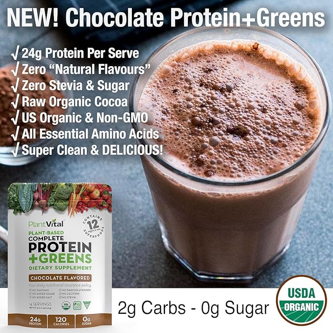 Plantvital Vegan Protein Powder Plant Based Organic Protein Powder Chocolate 24g/0g Sugar 12 Superfoods Veggies Probiotics Raw Cocoa Kale Beets Spirulina Pea Gluten-Free Keto-Friendly32oz