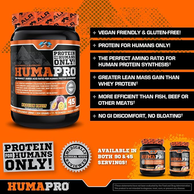 Humapro | Amino Acids Protein Matrix for Humans | 99% Utilization for Lean Muscle | Vegan Gluten Free | 334g / 45 Servings (Passion Fruit)