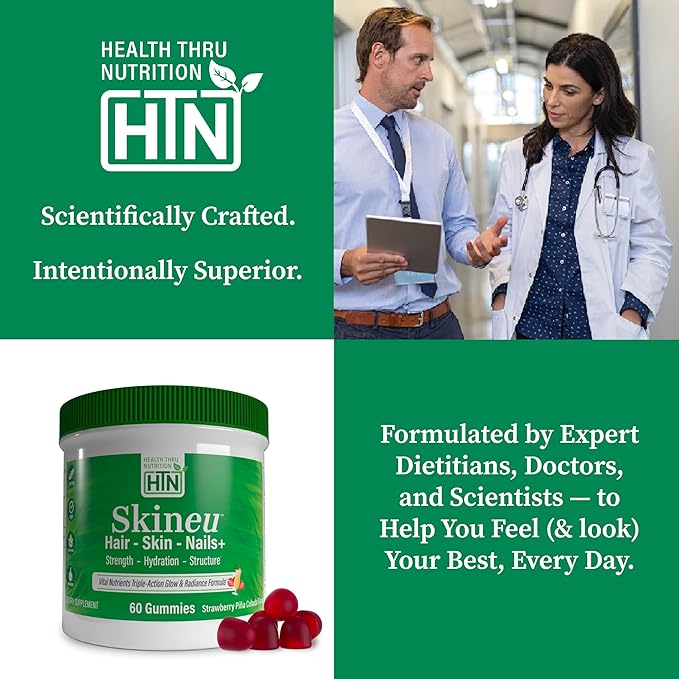 Health Thru Nutrition Skineu Hair Skin &amp Nails+ Gummies | Biotin 5000mcg Hyaluronic Acid Retinyl Palmitate | Beauty Support - Strength &amp Hydration | Strawberry Piña Colada Flavor | 60 Gummi