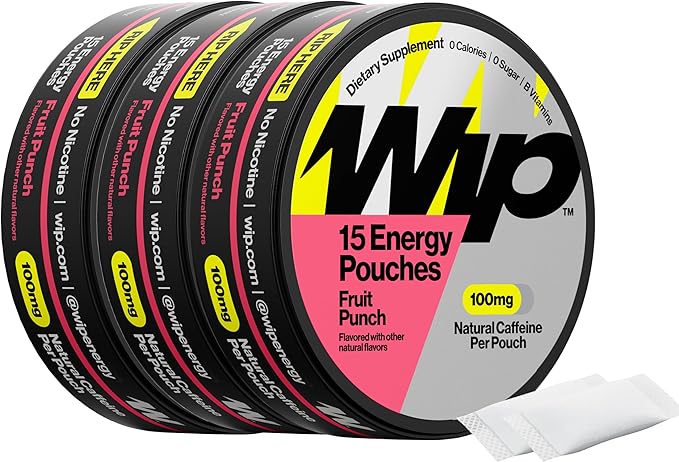 Wip Energy Pouches Sugar Free Blend with 100 MG Natural Caffeine B Vitamins Minerals &amp L Theanine for Energy Support Pre Workout for Active Lifestyles Fruit Punch 3 Cans 15 Pouches per can