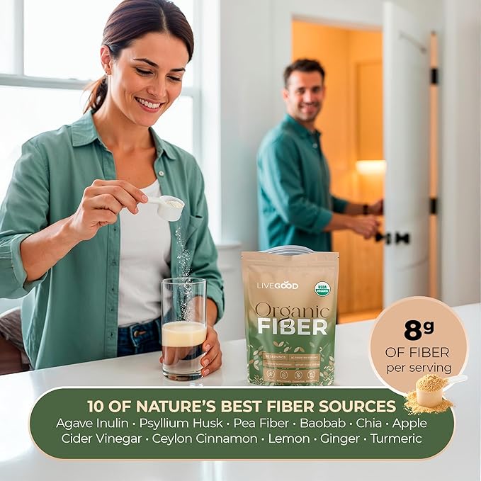 LIVEGOOD Organic Fiber Powder with Agave Inulin Psyllium Husk Pea Fiber 10 Plant-Based Sources for Digestion Detox Gut Support and Daily Wellness Organic Fiber Supplement (30 Servings)