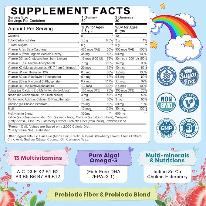 Kids Multivitamin Gummies with Omega-3 (Dha+Epa) Methylated B12 &amp Folate B6 B2 &amp Elderberry Vitamin D3 C A E Zinc Postbiotics Choline | for Brain Eye &amp Immune Clean Sugar Free