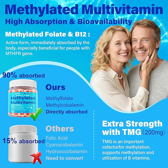 Methylated Multivitamin for Women &amp Men Gummies w/ Omega-3 Calcium D3 K2 Methylfolate &amp B12 TMG Daily Vitamin A C E B Complex Magnesium CoQ10 Probiotic for Overall Health- Vegan Su