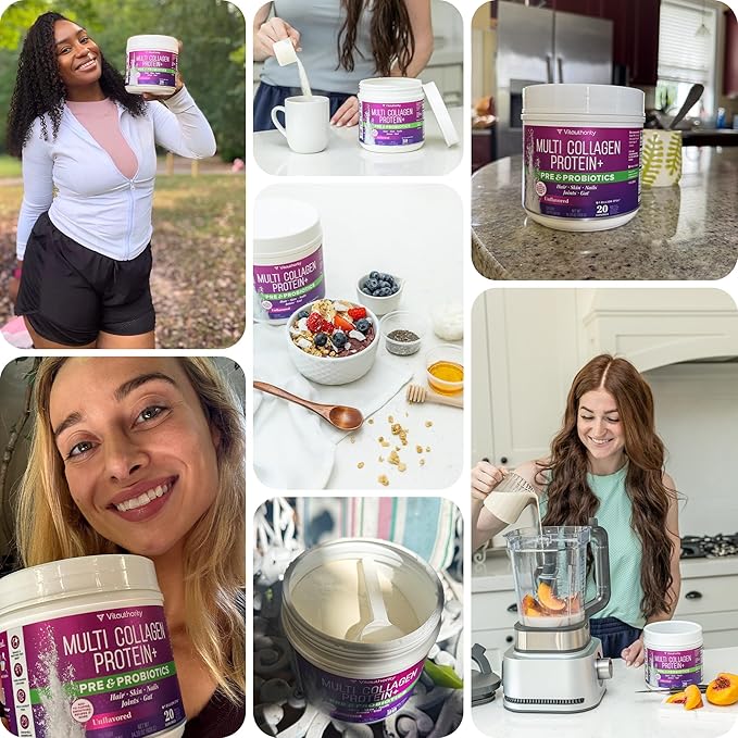Multi Collagen Probiotics for Women Prebiotics Protein Powder | 20g Collagen Peptides Hyaluronic Acid Vitamin C &amp Fibersol Prebiotic Support Skin Elasticity Digestion Gut Health Unflavored 20 Serv