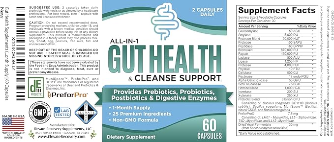 Gut Health Support Supplement (25-in-1) with Prebiotics Probiotics Postbiotics &amp Digestive Enzymes | Gut Supplements | 60 Capsules