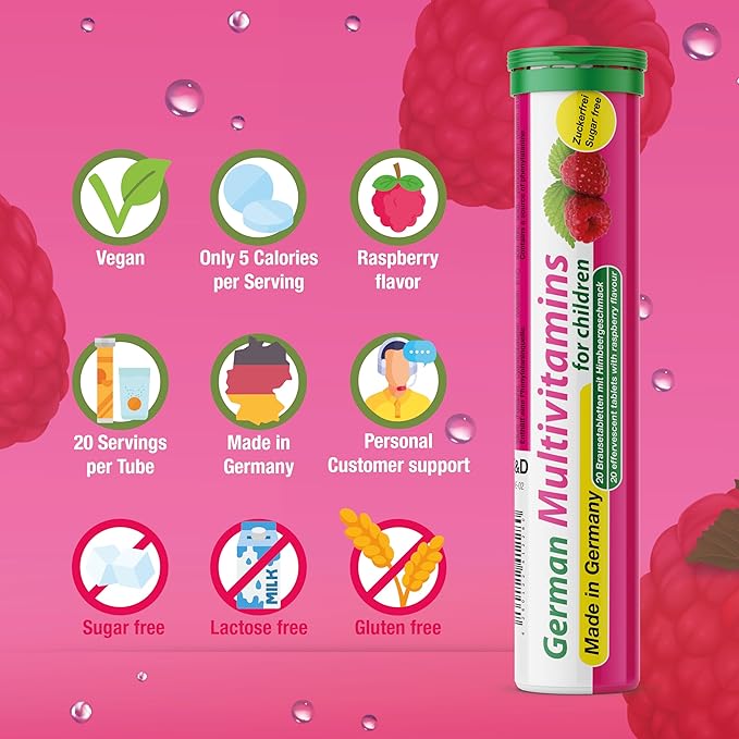 T&ampD German Multivitamin for Children 60 Drink Effervescent Tablets - Sweet Raspberry Flavour Sugar Free Vegan - Vitamin C E B1 B2 B6 B12 Folic Acid Niacin Pharma – Made in Germany