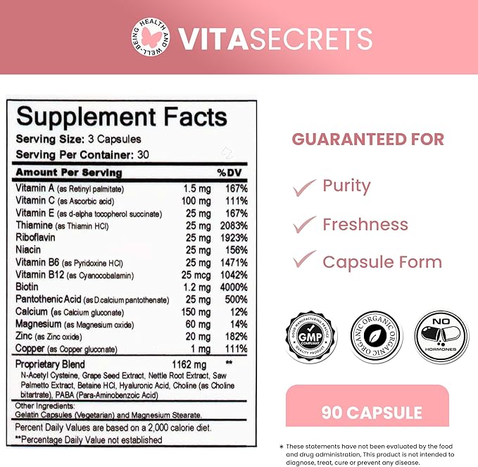 Vitasecrets Hair Skin &amp Nails Super Blend – 90 Capsules with Biotin Collagen and Hyaluronic Acid for Healthy Hair Glowing Skin and Stronger Nails – Non-GMO Gluten-Free Made in The USA