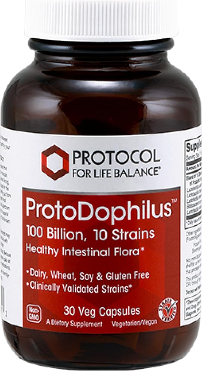 PROTOCOL FOR LIFE BALANCE Proto Dophilus 100 Billion 10 Strains - Support Digestive Gut Health Immune System &amp Detox - Dairy Wheat Soy &amp Gluten Free - Vegan &amp Nut Free - 30 Veg Capsules