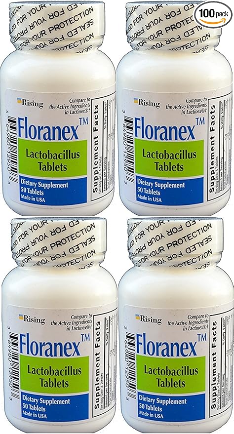 Floranex Probiotic 2 Million CFU Lactobacillus Acidophilus for Colon Digestive Health Generic for Lactinex Shelf Stable No Refrigeration 50 Tablets per Bottle 4-Pack