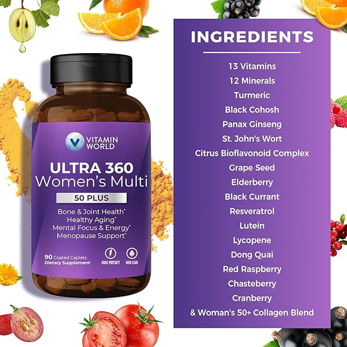 Vitamin World Ultra 360 Multivitamin for Women 50 Plus Women's 50+ Multivitamin with Minerals &amp Herbs for Menopause Support Supplement with Vitamin B D E &amp Zinc for Healthy Aging 90 Caple