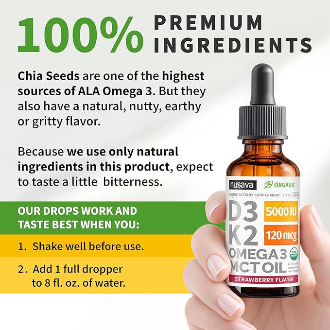 (4 Pack) Organic Vitamin D3 K2 Drops with MCT Oil Omega 3 5000 IU - Maximum Strength Vitamin D Liquid No Fillers Non-GMO Liquid D3 for Faster Absorption and Immune Support (Strawberry 4 Fl Oz)