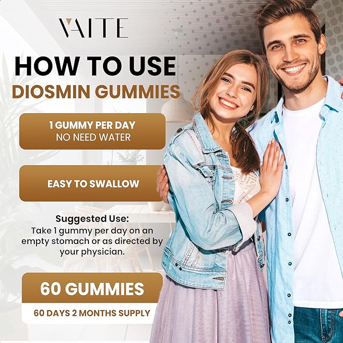 VAITE Diosmin 1000mg - Vein Support Supplements for Varicose Veins - Leg Health Supplement Formula Venous Optimizer Citrus Bioflavonoids Helps to Circulation for Legs Chews Gummy 60 Vegan Gummies