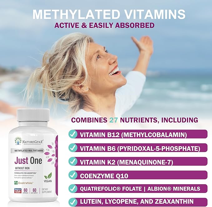 Just One Daily Methylated Multivitamin with Methyl B12 Quatrefolic Methylfolate Pure MTHFR Supplement for Men and Women Without Iron 2 Bottles (60 Vegan Capsules) USA-Made
