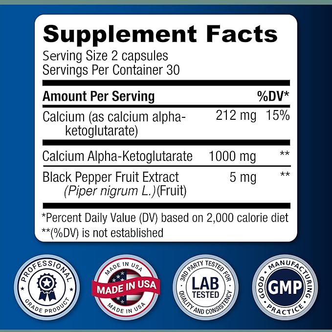 LongJuvity Calcium Alpha-Ketoglutarate Time Release AKG Supplement (1000mg Per Serving) - Gut Heath Bone Health Anti Aging &amp Longevity - Independently Lab Tested (60 Enteric Coated Capsules)